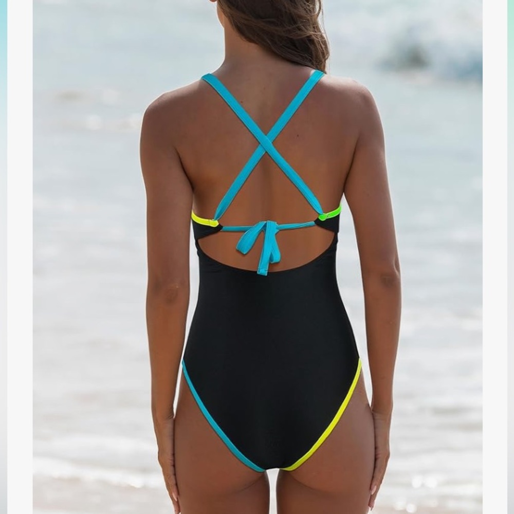 Women's One Piece Neon Color Block Swimsuits Tummy Control Swimwear Deep V Neck - Picture 2 of 6
